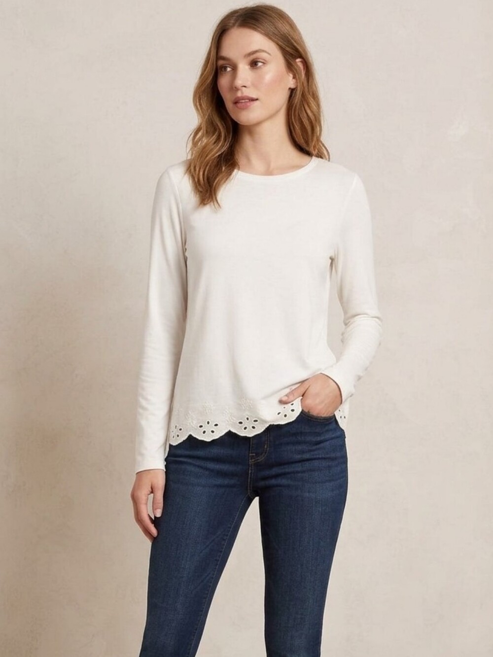 NWT LOFT Cream Long Sleeve Eyelet Hem Top